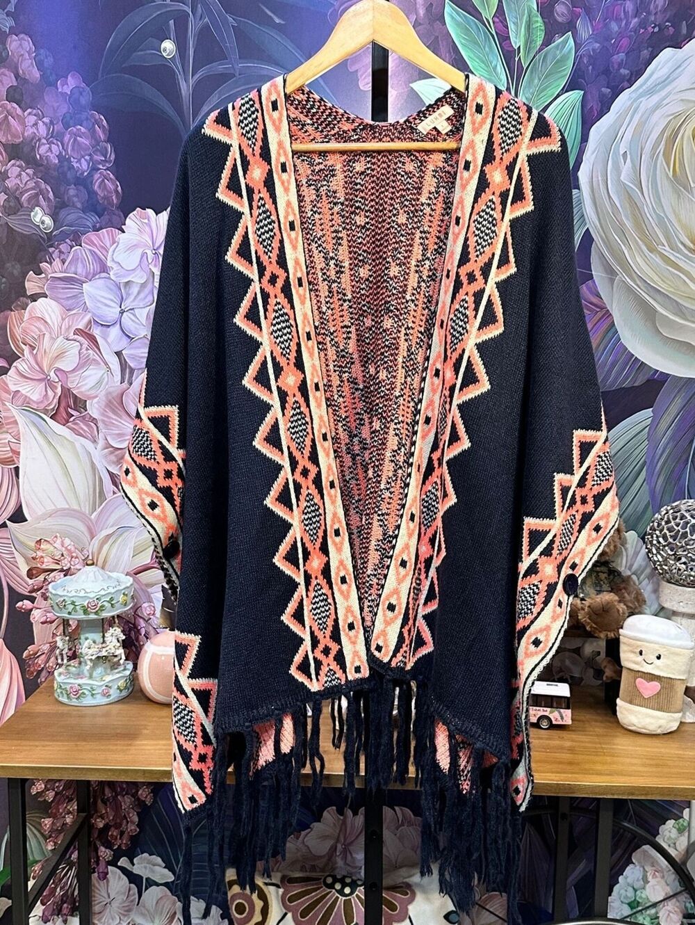 100% Cotton L Navy Geometric Tribal Open Knit Poncho Fringe Boho Southwestern